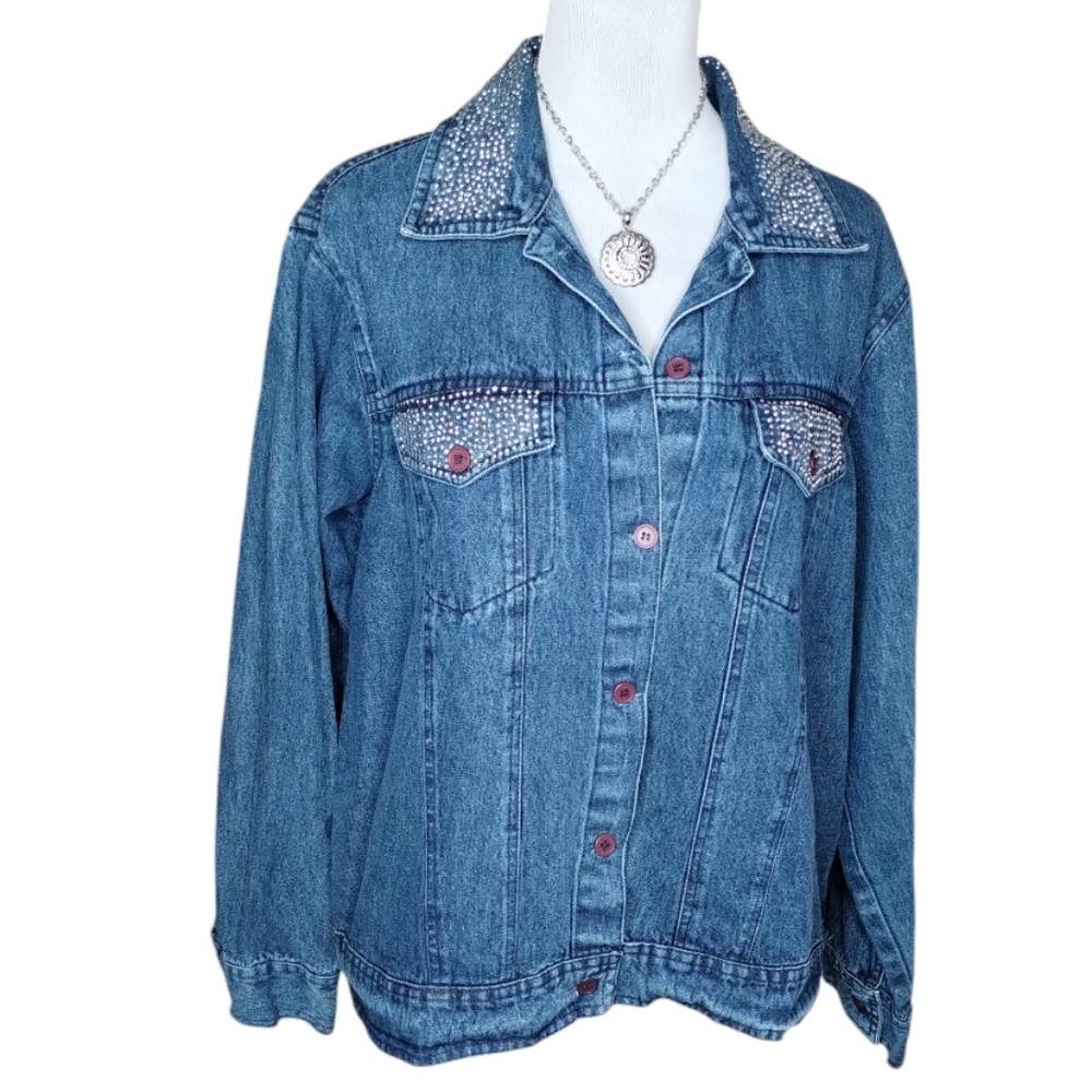 Vintage Keren Hart Blue Denim Jacket with Silver Studded Accents Size XL